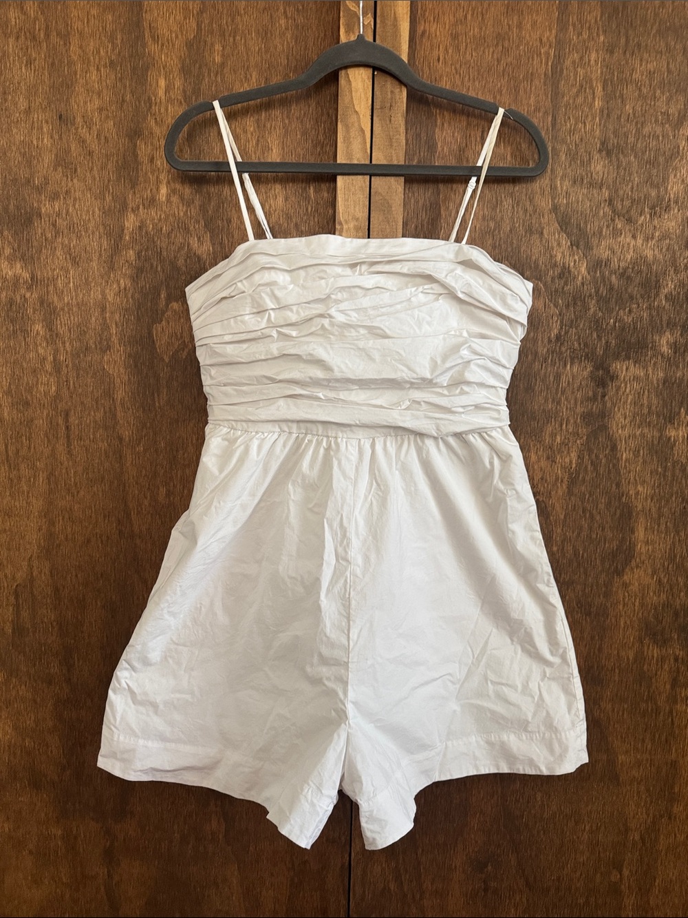 Aritzia Babaton White Ruched Strapless-Style Romper with Spaghetti Straps